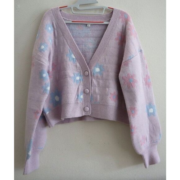 For Love & Lemons Women's Sz Large Lavender Puff Sleeve Willow Cropped Sweater - Picture 1 of 11